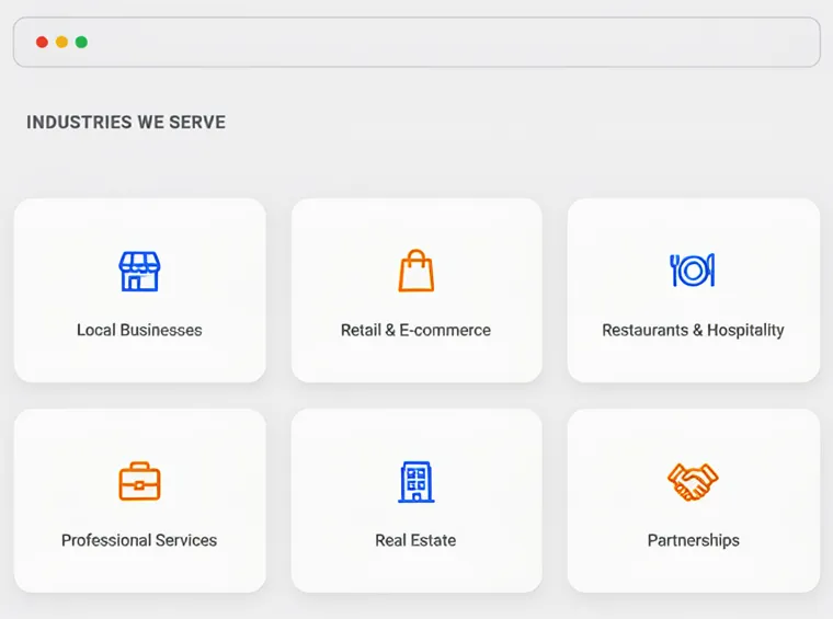 Industries We Serve: Local Businesses, Retail & E-commerce, Restaurants & Hospitality, Professional Services, Real Estate, Partnerships