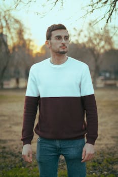 Stylish young man standing casually in a park during sunset.